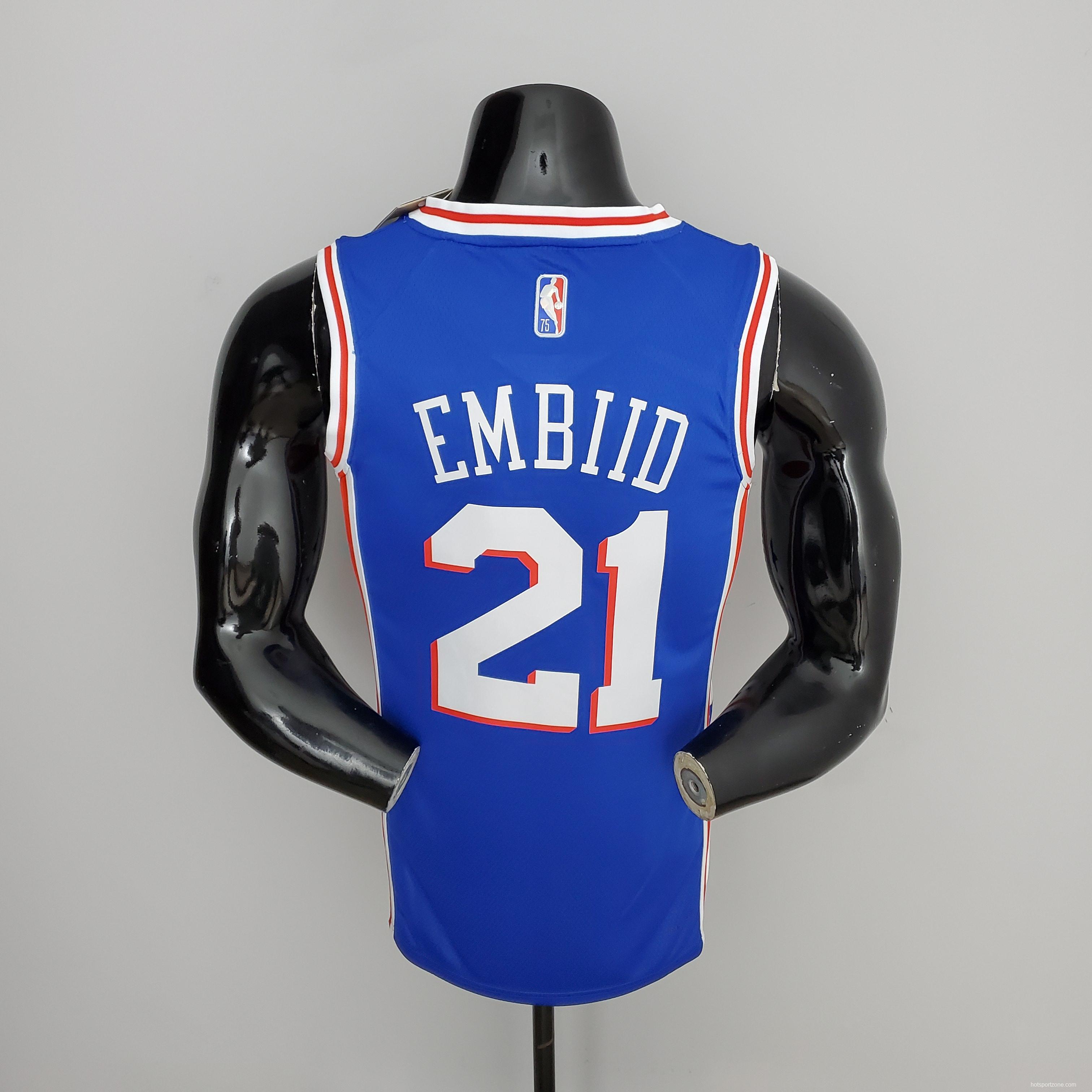 75th Anniversary Philadelphia 76ers EMBIID#21 Blue NBA Jersey