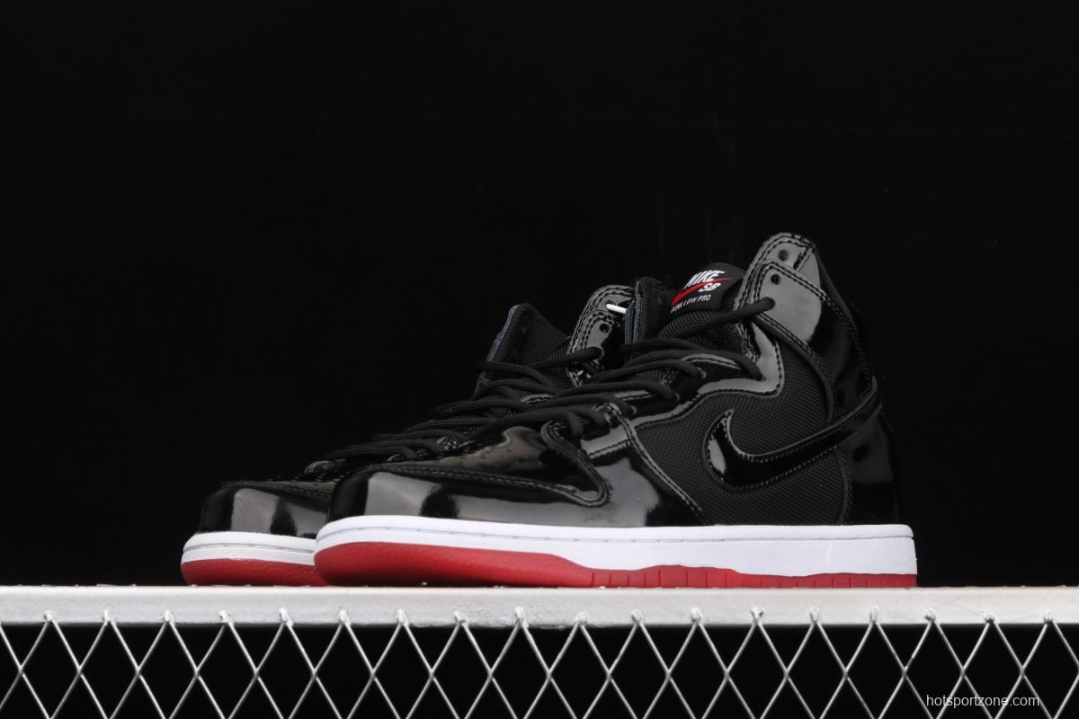 NIKE SB DUNK High Premium lacquered leather black and red high top casual skateboard shoes AJ7730-001