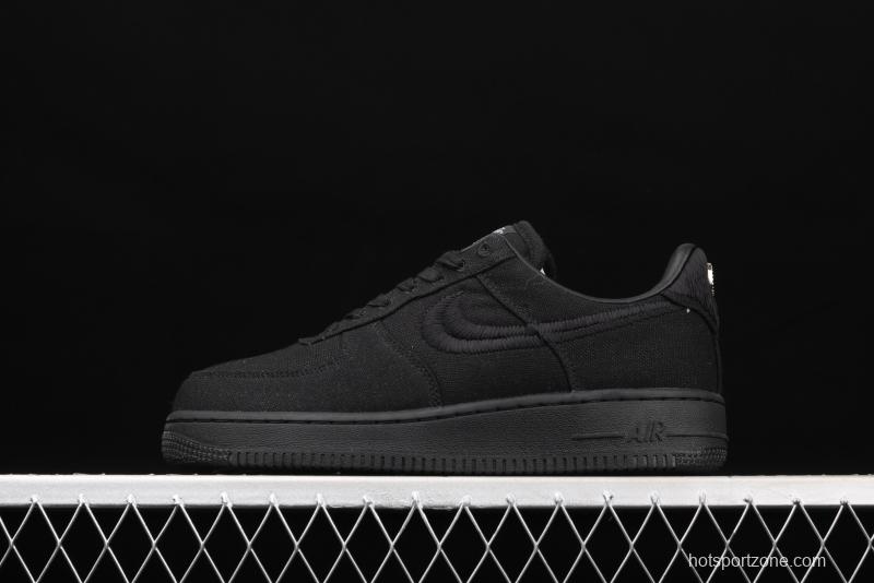 Stussy x NIKE Air Force 1 Low Black Cool Air Force low side black linen electric embroidered hook low upper board shoes CZ9084-001