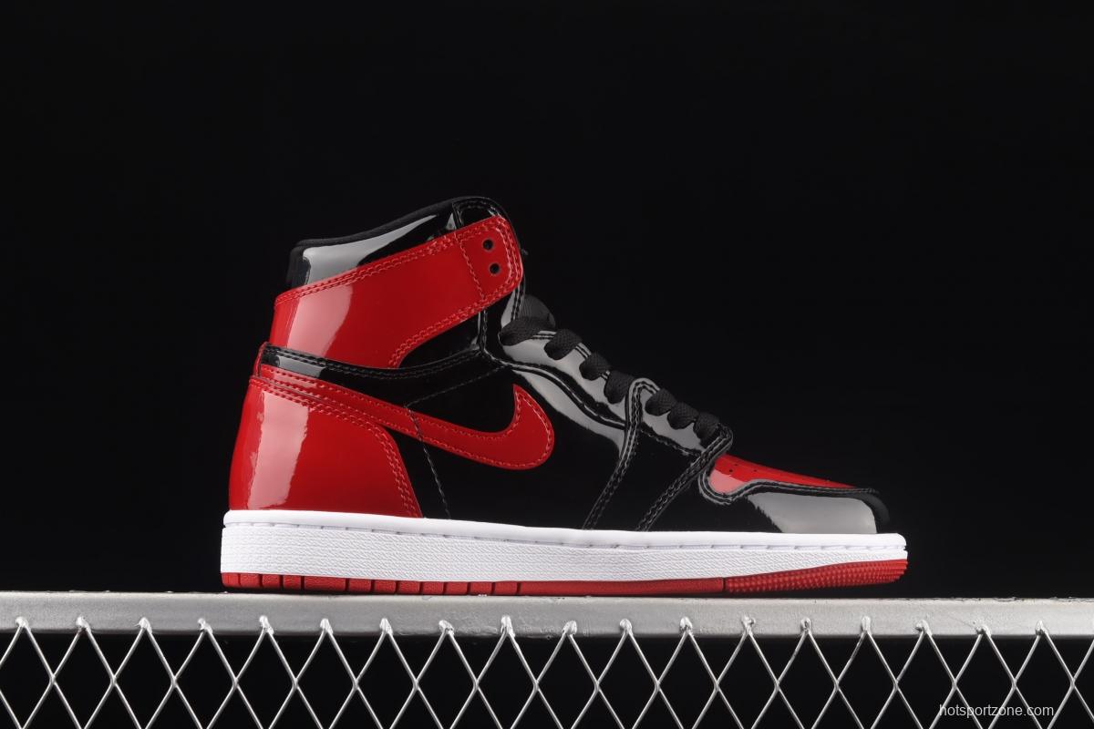 Air Jordan 1 High OG Bred Patent lacquered leather black and red high top basketball shoes 575441-063