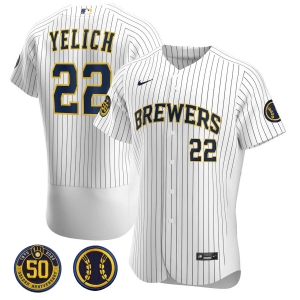 Men's Christian Yelich White Alternate 2020 Authentic 50th Anniversary and Home Patch Player Team Jersey