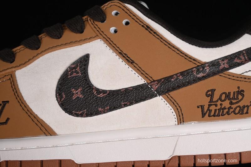 Nike SB Dunk Low LV Collaboration - Brown Black Monogram Anniversary High-End Custom Low-Top Casual Skate Shoes - DQ1098-342