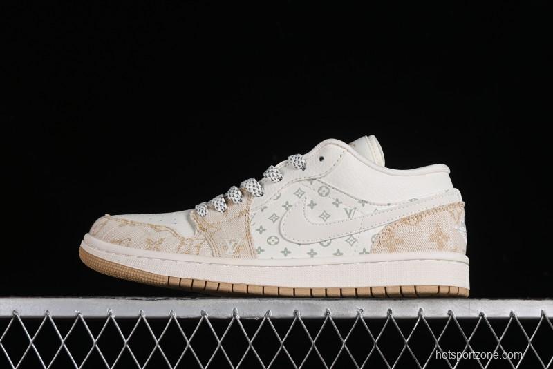 Nike Air Jordan 1 Low LV Collaboration Denim Khaki Customized Casual Sneakers - SJ9950-002