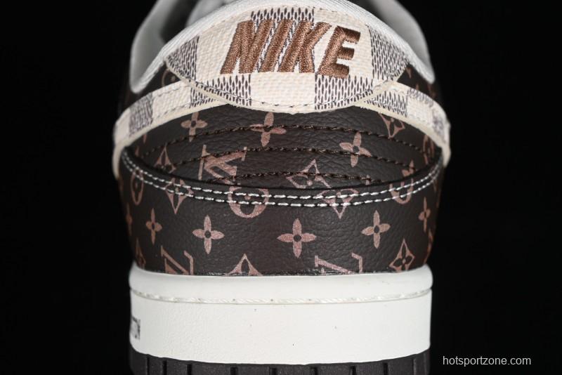 Nike SB Dunk Low LV Collaboration - Checkerboard Brown Monogram White Swoosh Anniversary High-End Custom Low-Top Casual Skate Shoes - SJ2068-255