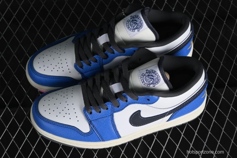 Nike Air Jordan 1 Low Flight Vintage Casual Sneakers with Distressed White-Blue Design - FV8439-104