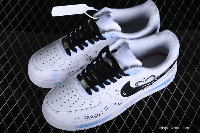Nike Air Force 1 '07 Low Casual Sneakers with Anime-inspired Blue Spray Paint Design - CW2288-111