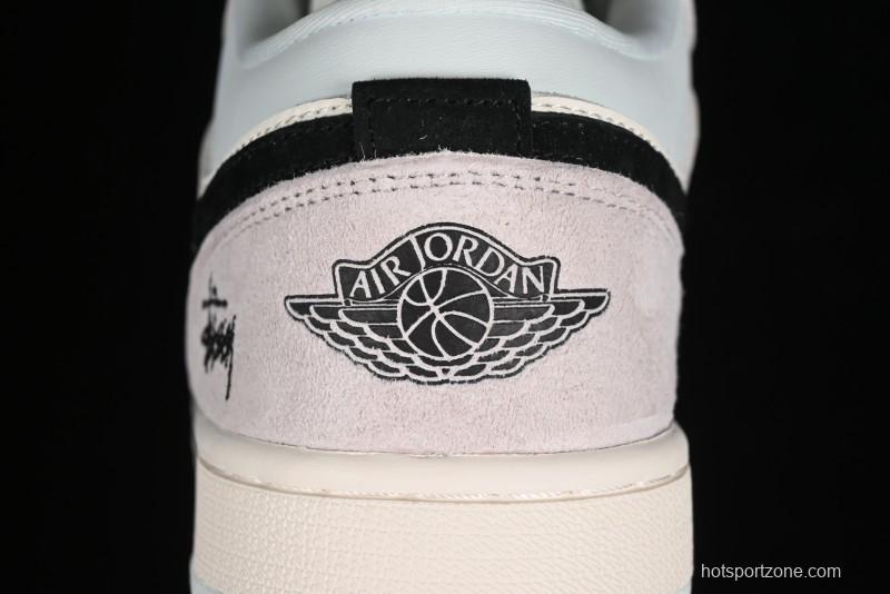 Nike Air Jordan 1 Low Stussy Collaboration - Black Blue Pigment Patchwork Retro Basketball Shoes - LJ6688-008