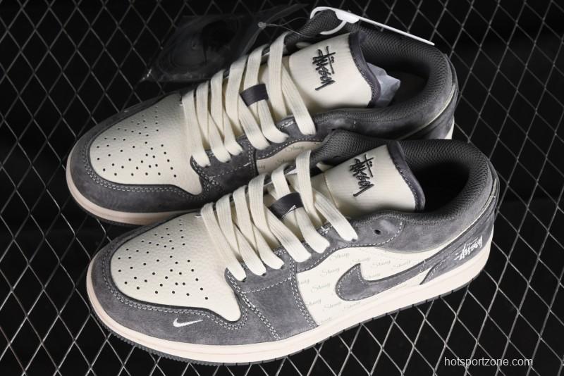 Nike Air Jordan 1 Low AJ1 Stussy Collaboration - Grey Pigskin Custom Low-Top Basketball Shoes - SJ9950-010