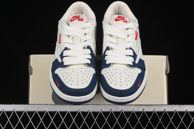 Nike Travis Scott x Fragment Design x Air Jordan 1 Low OG SP AJ1 Levi's Collaboration - White Blue Canvas Low Top Casual Sneakers - JH6088-605