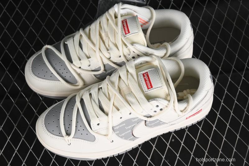 Nike SB Dunk Low Supreme Collaboration - Beige White Fox Lettering Anniversary High-End Custom Low-Top Casual Skate Shoes - JJ5688-106