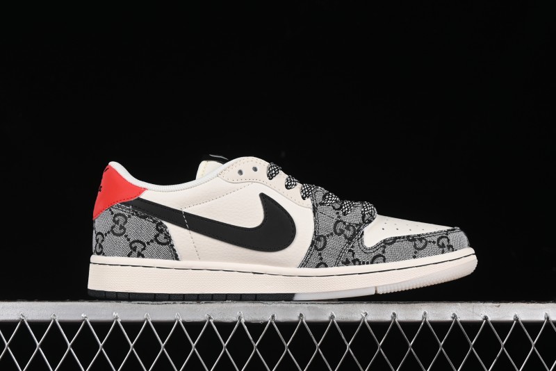 Nike Travis Scott x Fragment Design x Air Jordan 1 Low OG SP AJ1 Gucci Collaboration - Black Grey Pattern Low Top Casual Sneakers - XY2688-117