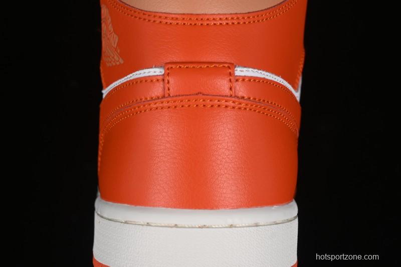Nike Air Jordan 1 Mid Basketball Shoes in White and Orange Colorway - BQ6472-108