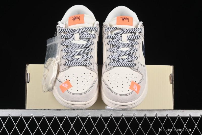 Nike SB Dunk Low Stussy Collaboration - Patchwork Grey White Dark Blue Swoosh Anniversary Custom Low-Top Casual Skate Shoes - MM1089-025