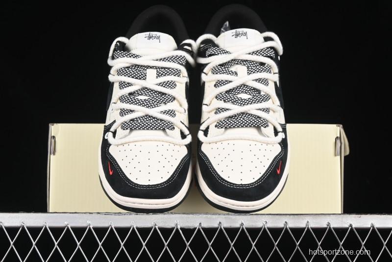 Nike SB Dunk Low Stussy Collaboration - White Embroidery Black Swoosh Anniversary Custom Low-Top Casual Sneakers - SJ2068-311
