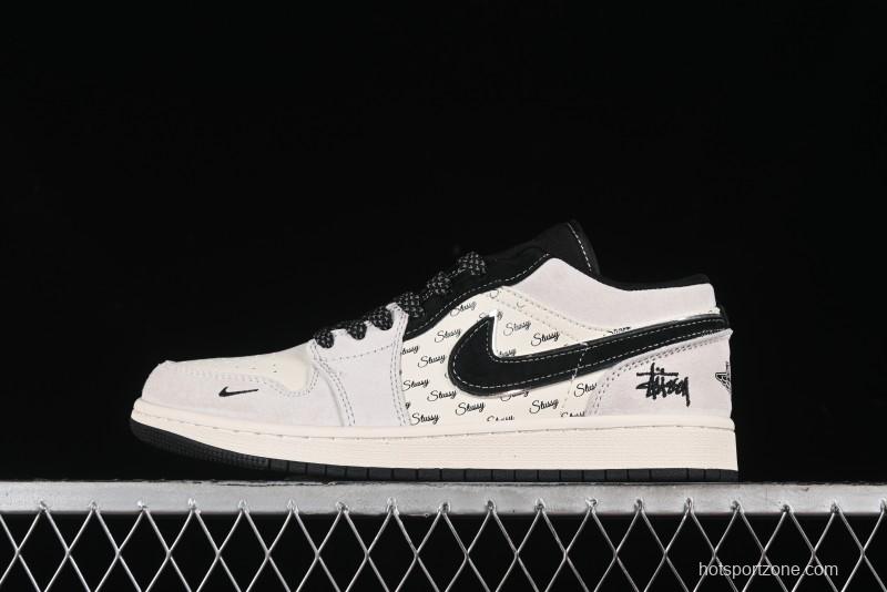 Nike Air Jordan 1 Low Stussy Collaboration - Silver Trim Black Swoosh Retro Basketball Shoes - SJ9950-026