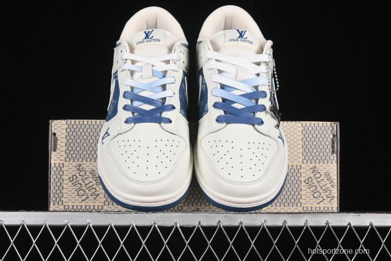 Nike SB Dunk Low LV Collaboration - Beige Blue Print Anniversary High-End Custom Low-Top Casual Skate Shoes - JH8310-954