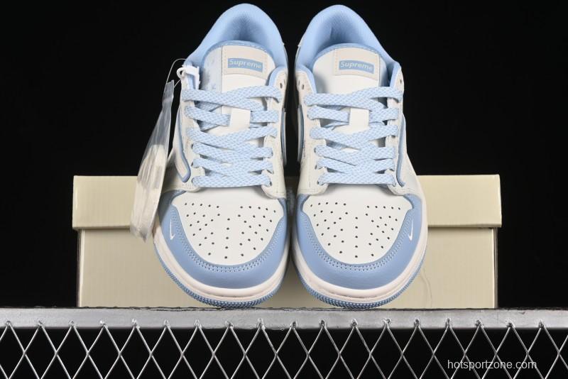 Nike Travis Scott x Fragment Design x Air Jordan 1 Low OG SP AJ1 Supreme Collaboration - White Blue Lettering Low Top Casual Sneakers - XY2688-116