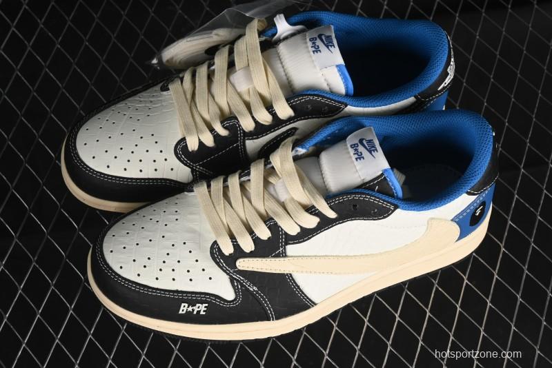 Nike Travis Scott x Fragment Design x Air Jordan 1 Low OG SP AJ1 Bape Collaboration - Crocodile Leather Black White Blue Low Top Casual Sneakers - XZ2828-001