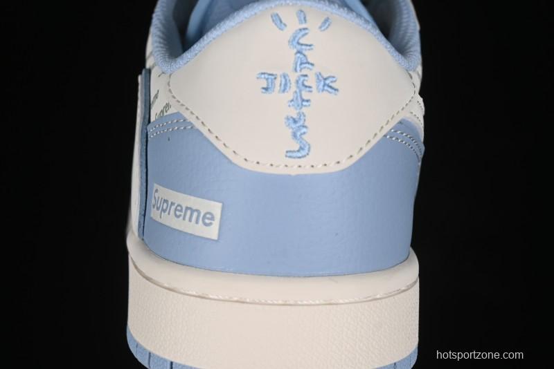 Nike Travis Scott x Fragment Design x Air Jordan 1 Low OG SP AJ1 Supreme Collaboration - White Blue Lettering Low Top Casual Sneakers - XY2688-116