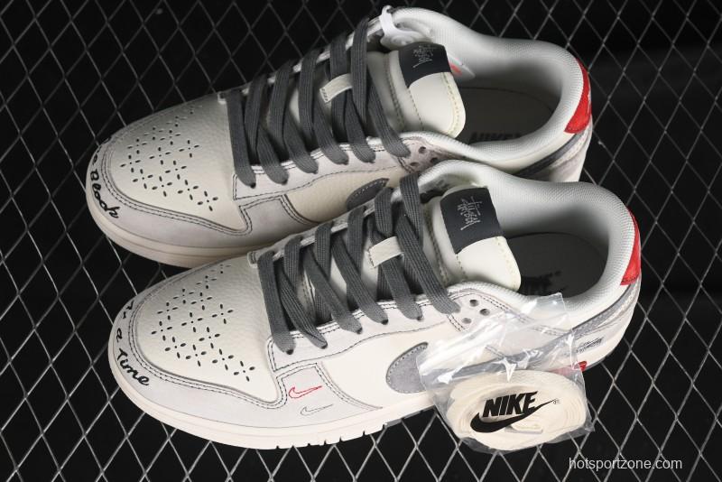 Nike SB Dunk Low Stussy Collaboration - Embroidered Grey Swoosh Anniversary Custom Low-Top Casual Sneakers - MM1089-033