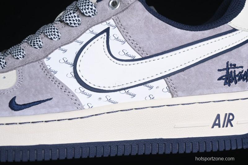 Nike Air Force 1 '07 Low Stussy Collaboration - Grey White with Blue Outsole Low-Top Casual Sneakers - SJ6698-006