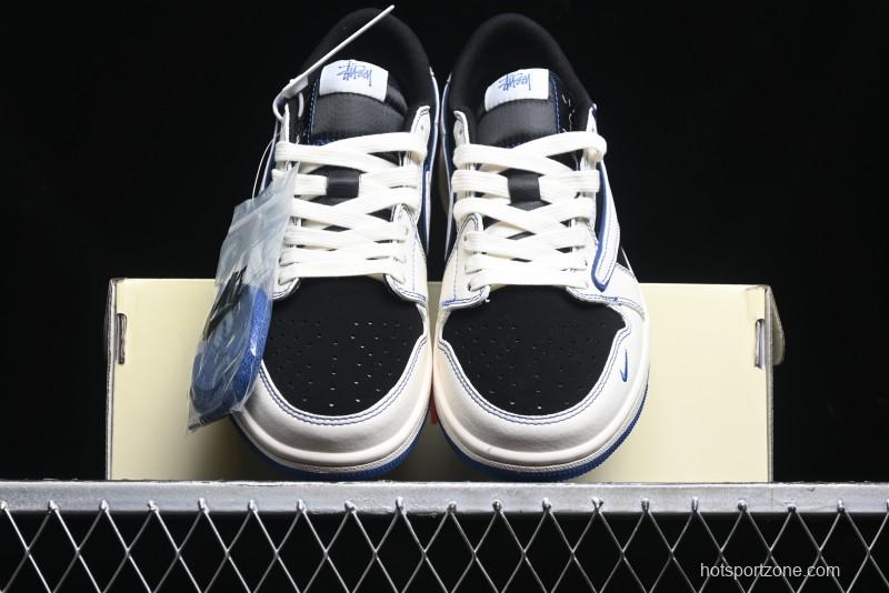 Nike Travis Scott x Fragment Design x Air Jordan 1 Low OG SP AJ1 Stussy Collaboration - Black Blue Line Low Top Casual Sneakers - SJ2068-113