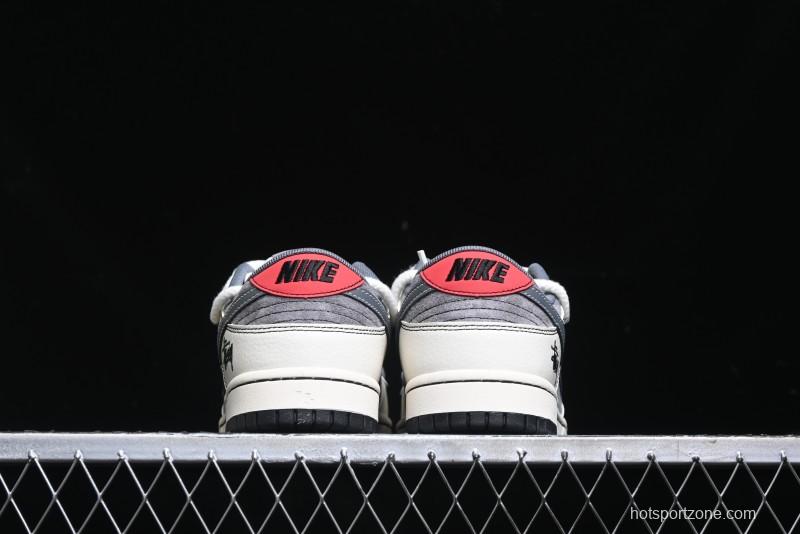 Nike SB Dunk Low Stussy Collaboration - Lace-Up Grey White Grey Check Anniversary High-End Custom Low-Top Casual Skate Shoes - YX5066-207