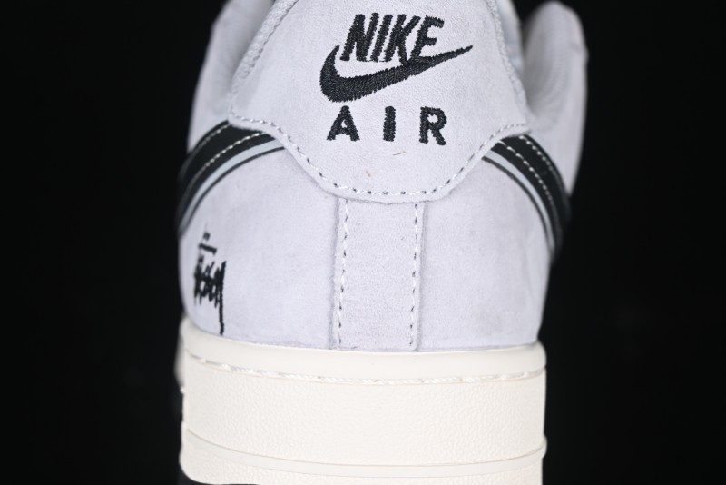 Nike Air Force 1 '07 Low Stussy Collaboration Grey Pigskin Black Swoosh Low-Top Casual Sneakers - XZ3318-099