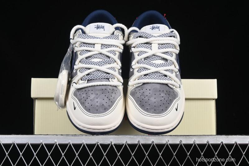 Nike SB Dunk Low Stussy Collaboration Anniversary Custom Low-Top Casual Sneakers with Strap in Beige Grey and Navy - YX5066-236