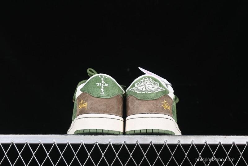 Nike Travis Scott x Fragment Design x Air Jordan 1 Low OG SP AJ1 Stussy Collaboration Suede Green Low Top Casual Sneakers - XS3186-202