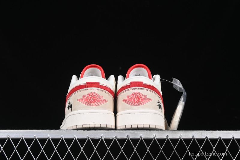 Nike Air Jordan 1 Low Stussy Collaboration Khaki Red Hook Retro Basketball Shoes - SJ9950-040