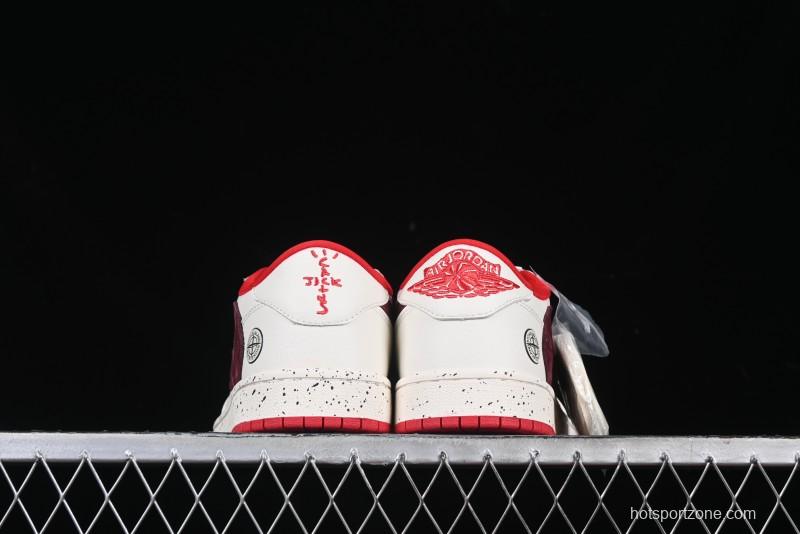 Nike Travis Scott x Fragment Design x Air Jordan 1 Low OG SP AJ1 Stone Island Collaboration Pomegranate Red Low-Top Casual Sneakers - CF3688-077