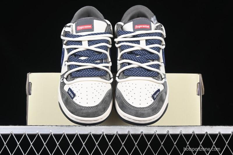 Nike SB Dunk Low Supreme Collaboration - Grey White Blue Swoosh Lace-Up Anniversary Customized Low-Top Casual Skate Shoes - XS1186-100