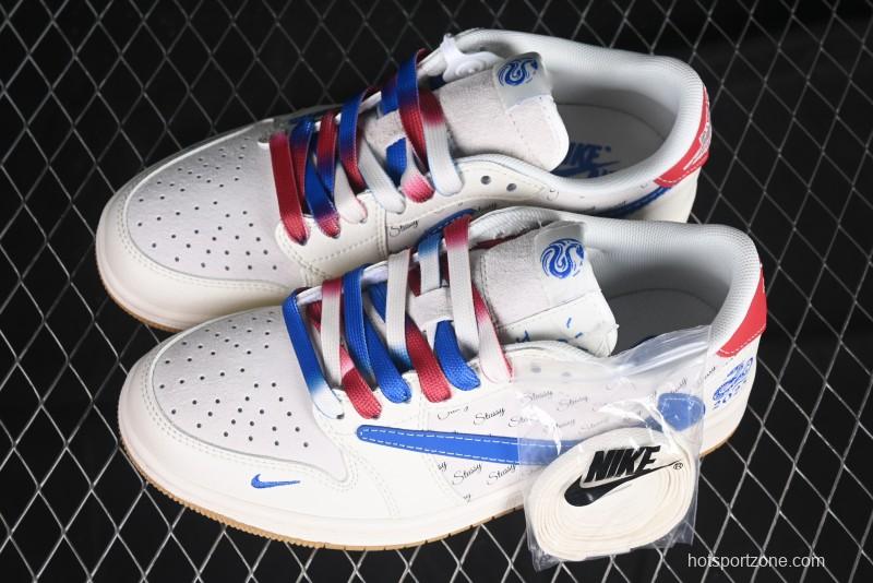 Nike Travis Scott x Fragment Design x Air Jordan 1 Low OG SP AJ1 Snake Year Limited Blue Swoosh Gum Sole Low-top Casual Sneakers - XS3086-011