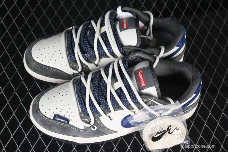 Nike SB Dunk Low Supreme Collaboration - Grey White Blue Swoosh Lace-Up Anniversary Customized Low-Top Casual Skate Shoes - XS1186-100