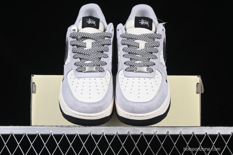 Nike Air Force 1 '07 Low Stussy Collaboration Grey Pigskin Black Swoosh Low-Top Casual Sneakers - XZ3318-099