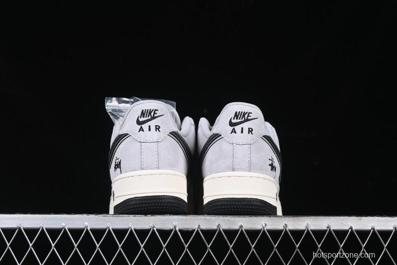 Nike Air Force 1 '07 Low Stussy Collaboration Grey Pigskin Black Swoosh Low-Top Casual Sneakers - XZ3318-099