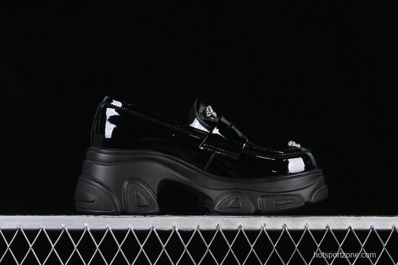 Black Patent Chunky Platform Loafers with Metal Embellishments