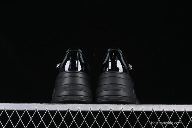 Black Patent Chunky Platform Loafers with Metal Embellishments