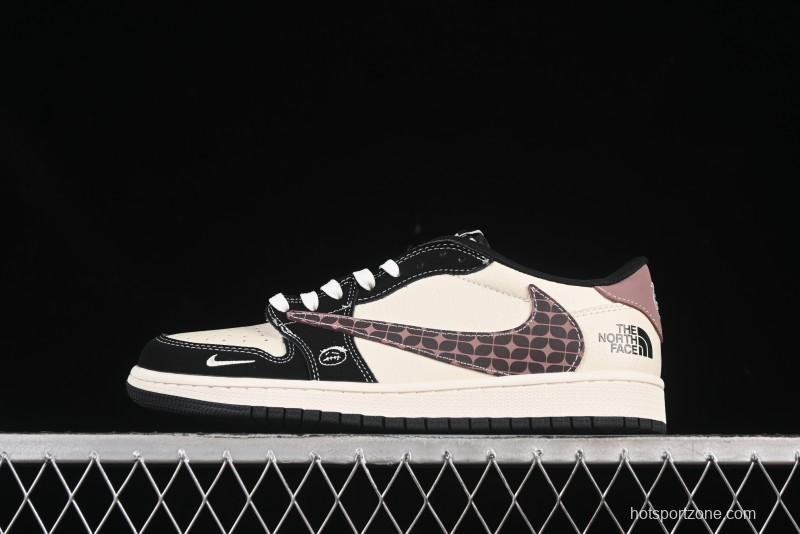 Nike Travis Scott x Fragment Design x Air Jordan 1 Low OG SP AJ1 North Face Collaboration Beige Brown Checkered Low-Top Casual Sneakers - XS2024-036