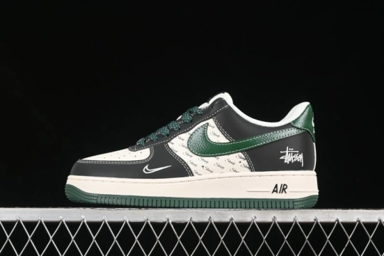 Nike Air Force 1 '07 Low Stussy Collaboration Black Green Swoosh Casual Sneakers - XS1958-572