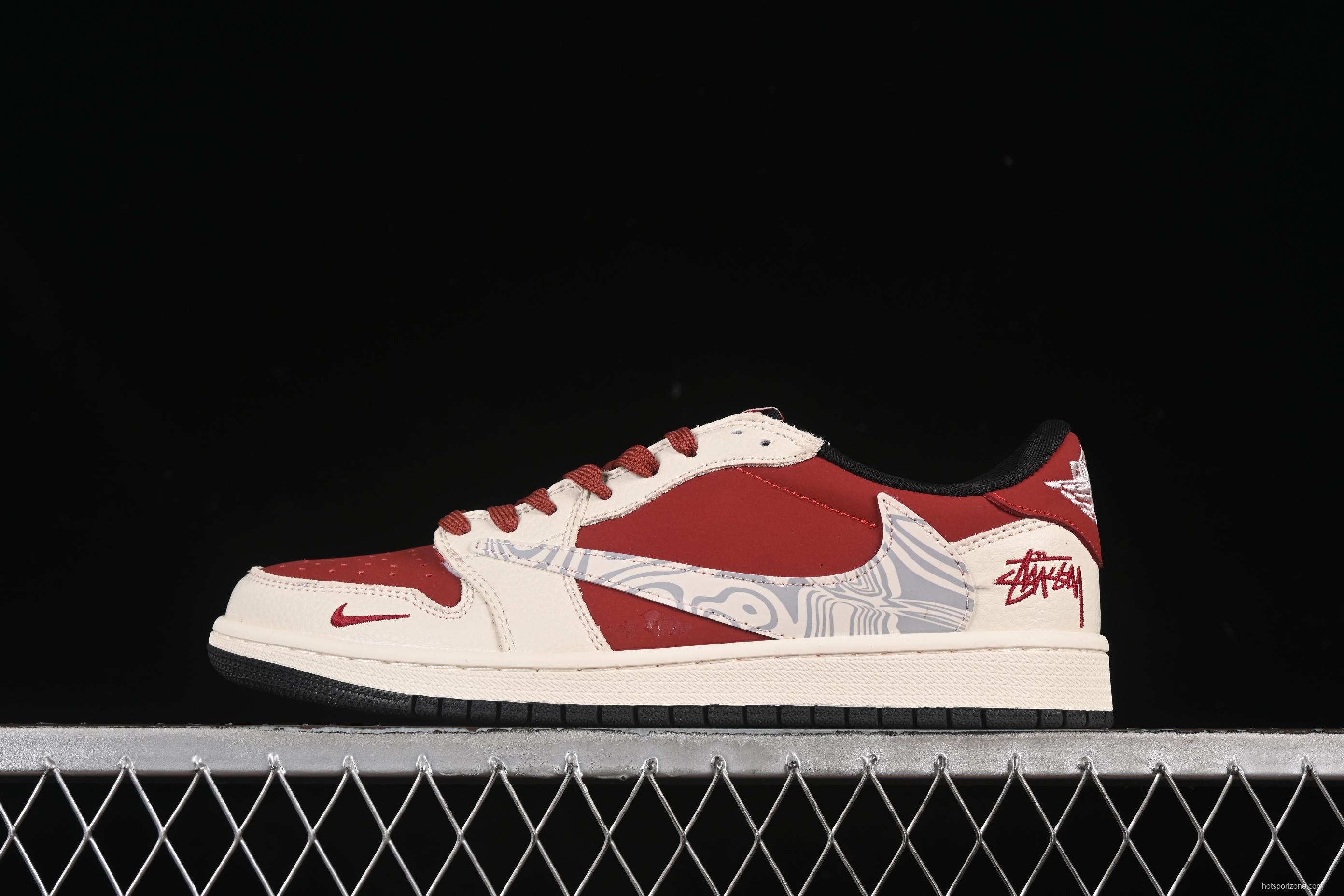 Nike Travis Scott x Fragment Design x Air Jordan 1 Low OG SP AJ1 Stussy Collaboration Ripple Bordeaux Low Top Casual Sneakers - LD2025-017