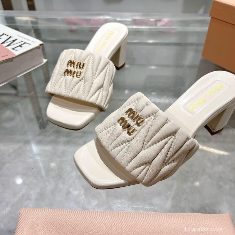 2025 Women Miu Miu White Sheepskin Sandals Embroidered KFY00250