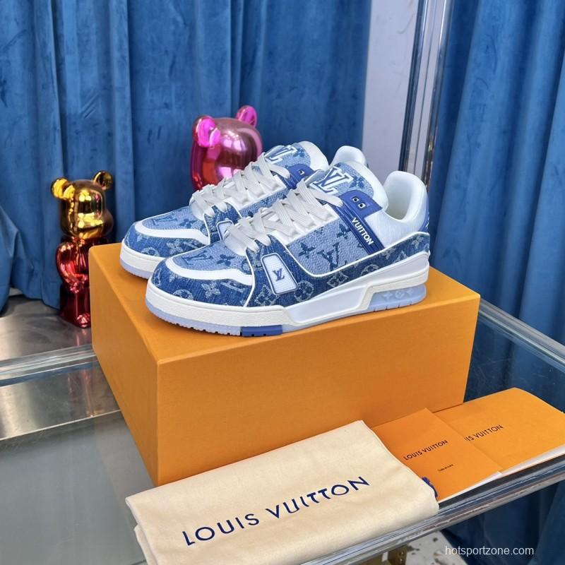 2025 Men Louis Vuitton Blue White Denim Leather LV Trainer