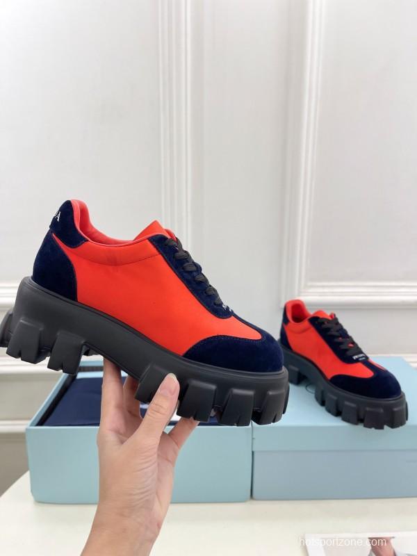 2025 Unisex Prada Red Navy Suede Silk Sneakers KFY00310(F)/KFY00330(M)