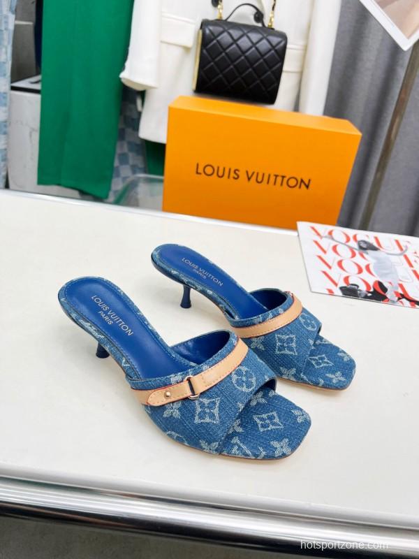 2025 Women Louis Vuitton Denim Blue Leather Heeled Sandals LY00260