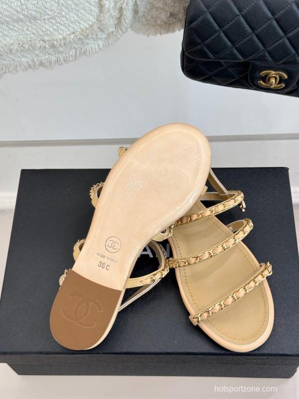 2025 Women Chanel Beige Leather Sandals KFY00270