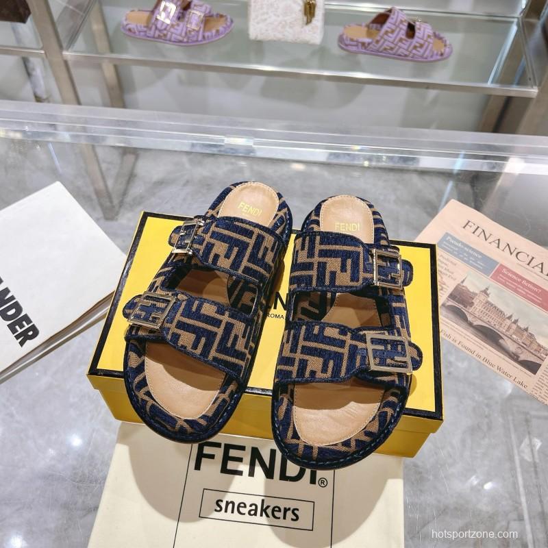 2025 Slippers Fendi Blue Brown Jacquard Buckle KFY00250