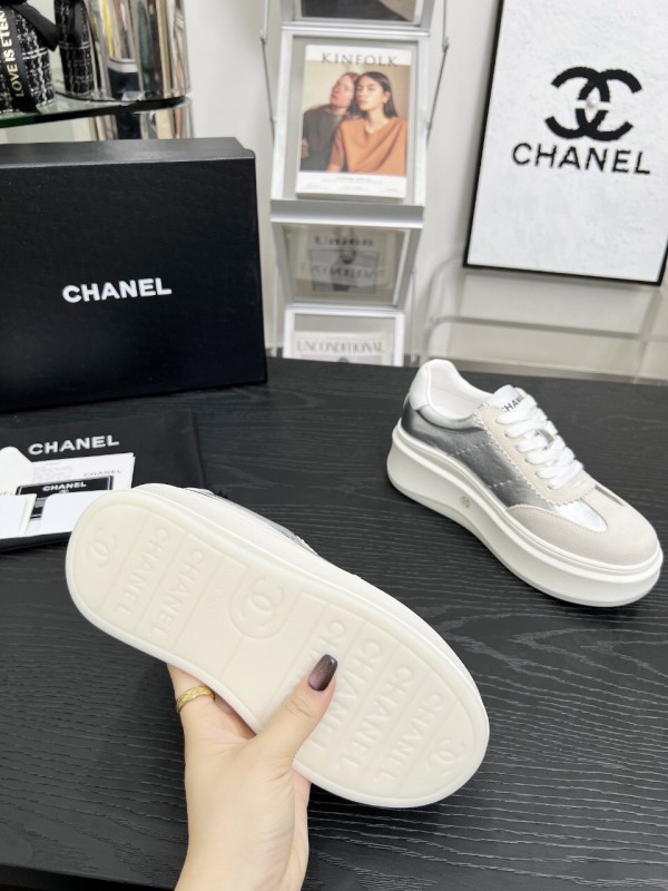 2025 Women Chanel White Silver Leather Suede Sneakers