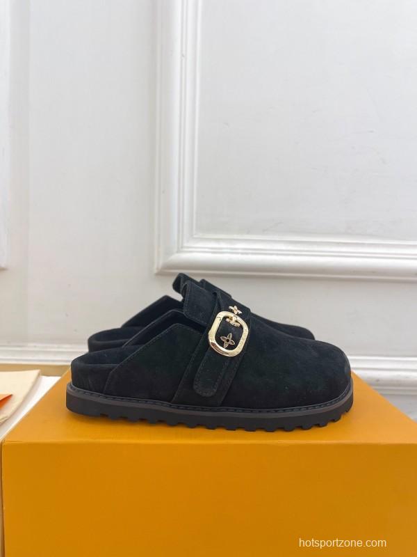 2025 Women Louis Vuitton Black Suede Mule Slip-On KFY00300